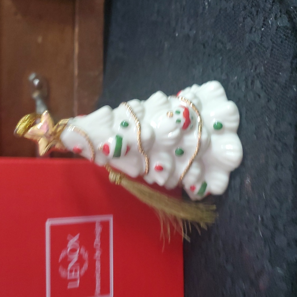 White Ceramic Christmas Tree Ornament with Colorful Decorations and Golden Star